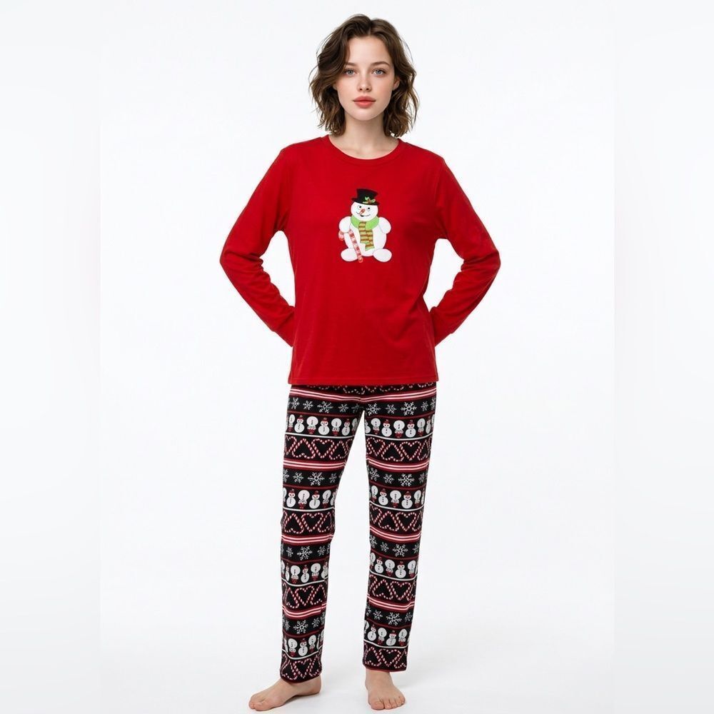Ekoaer Women Snowman Holiday Pajama set long sleeve red and black size XL…
